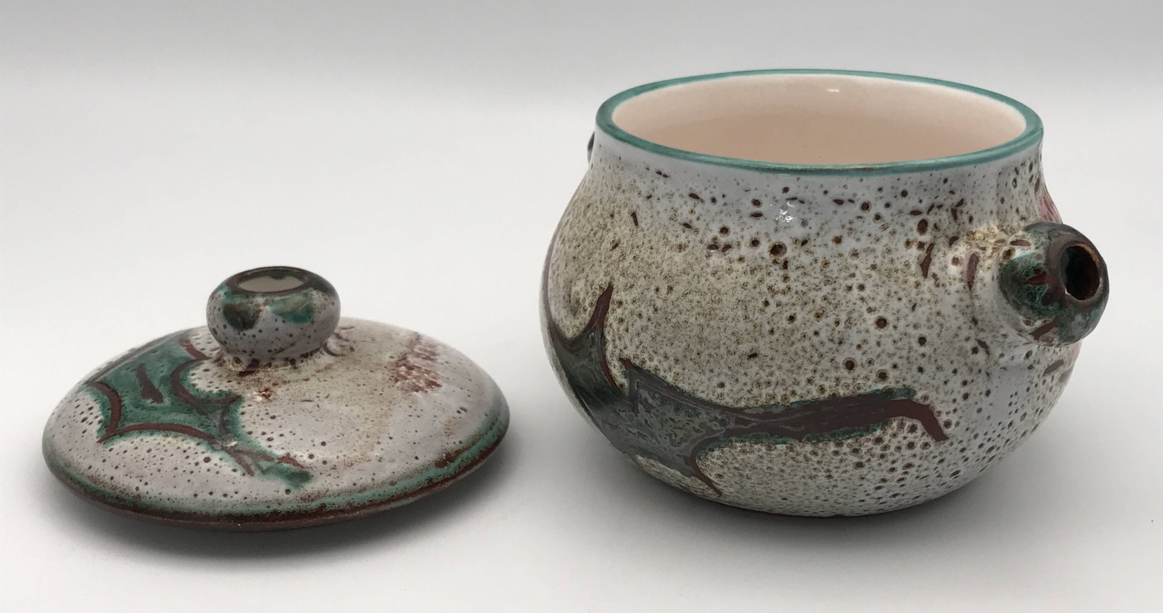 Vintage candy jar in enameled ceramic from Vallauris with thistle decoration