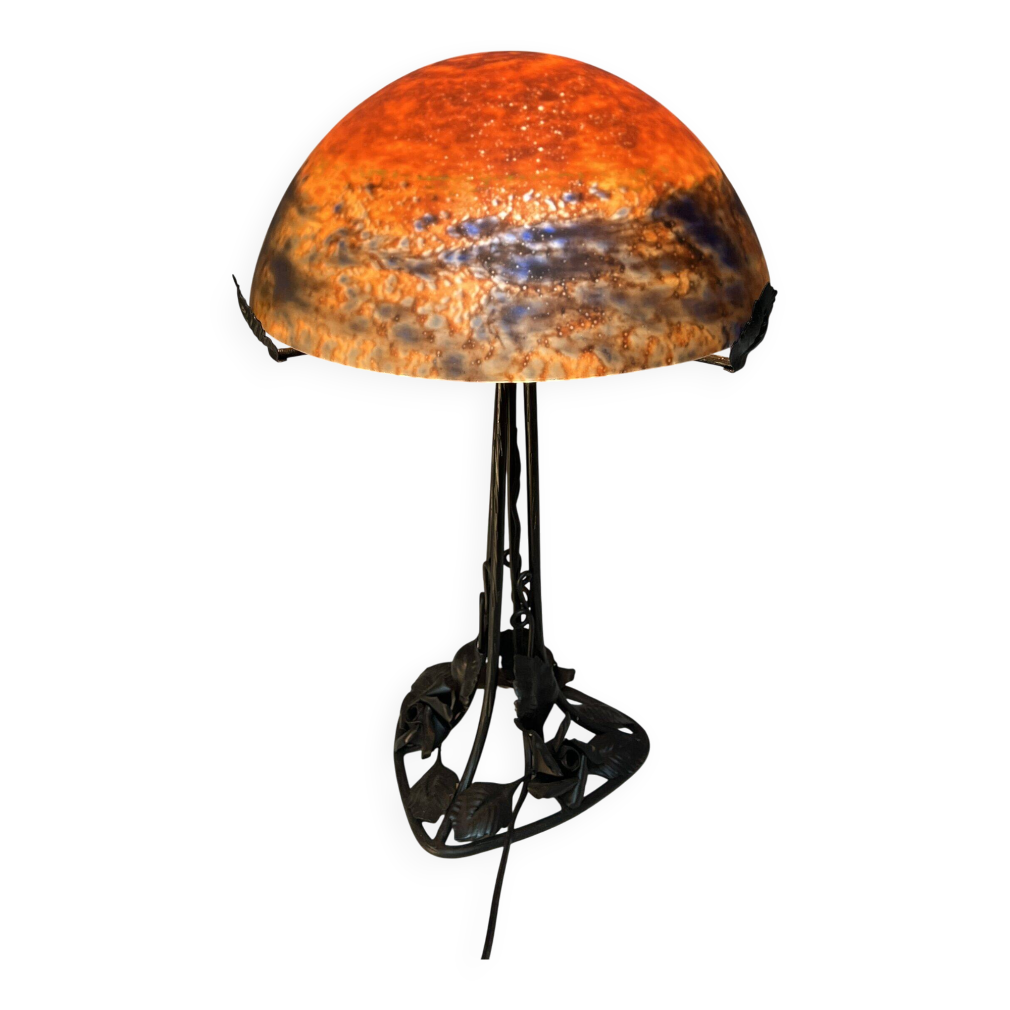 Contemporary mushroom lamp, wrought iron base and shaded orange glass shell