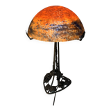 Contemporary mushroom lamp, wrought iron base and shaded orange glass shell