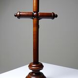 Antique wooden altar crucifix with a turned design and silver-plated Christ.