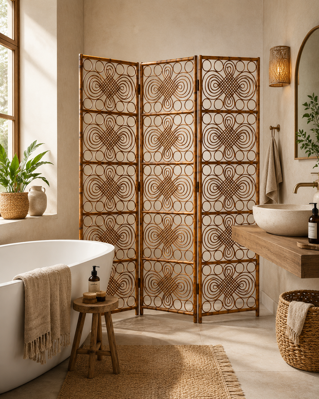 Vintage 1960s curved rattan screen