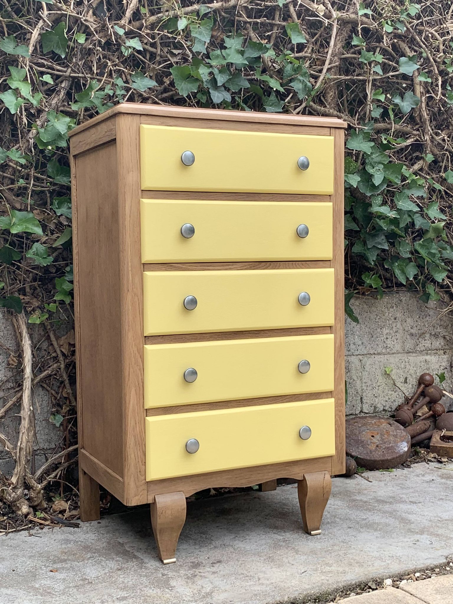 Art Deco chest of drawers in raw oak and yellow