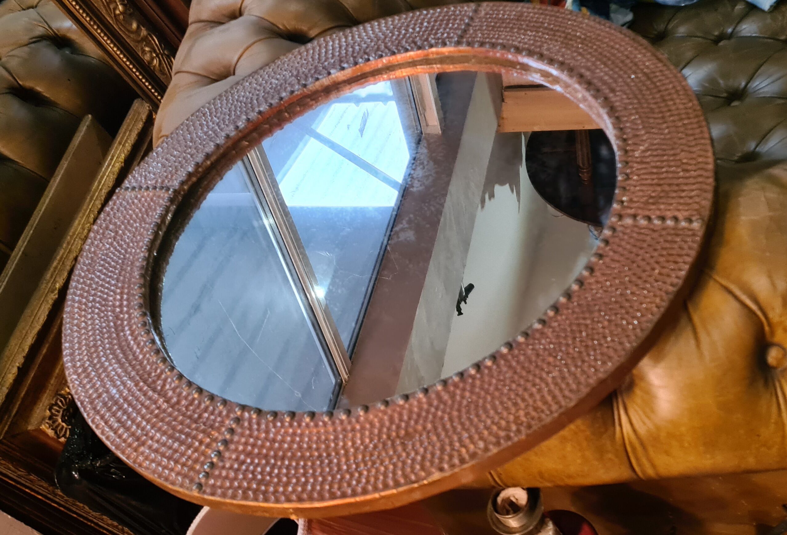 Mirror 1970 frame copper plate hammer and studded on wood 62x62 glass 45x45