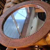 Mirror 1970 frame copper plate hammer and studded on wood 62x62 glass 45x45