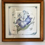 Iris flower on paper with vintage wooden frame