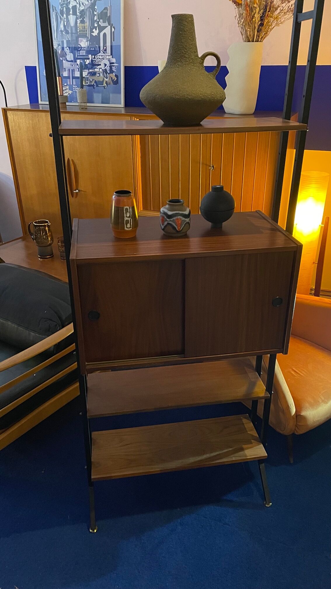 Italian footcase bookcase from the 60s in teak and metal