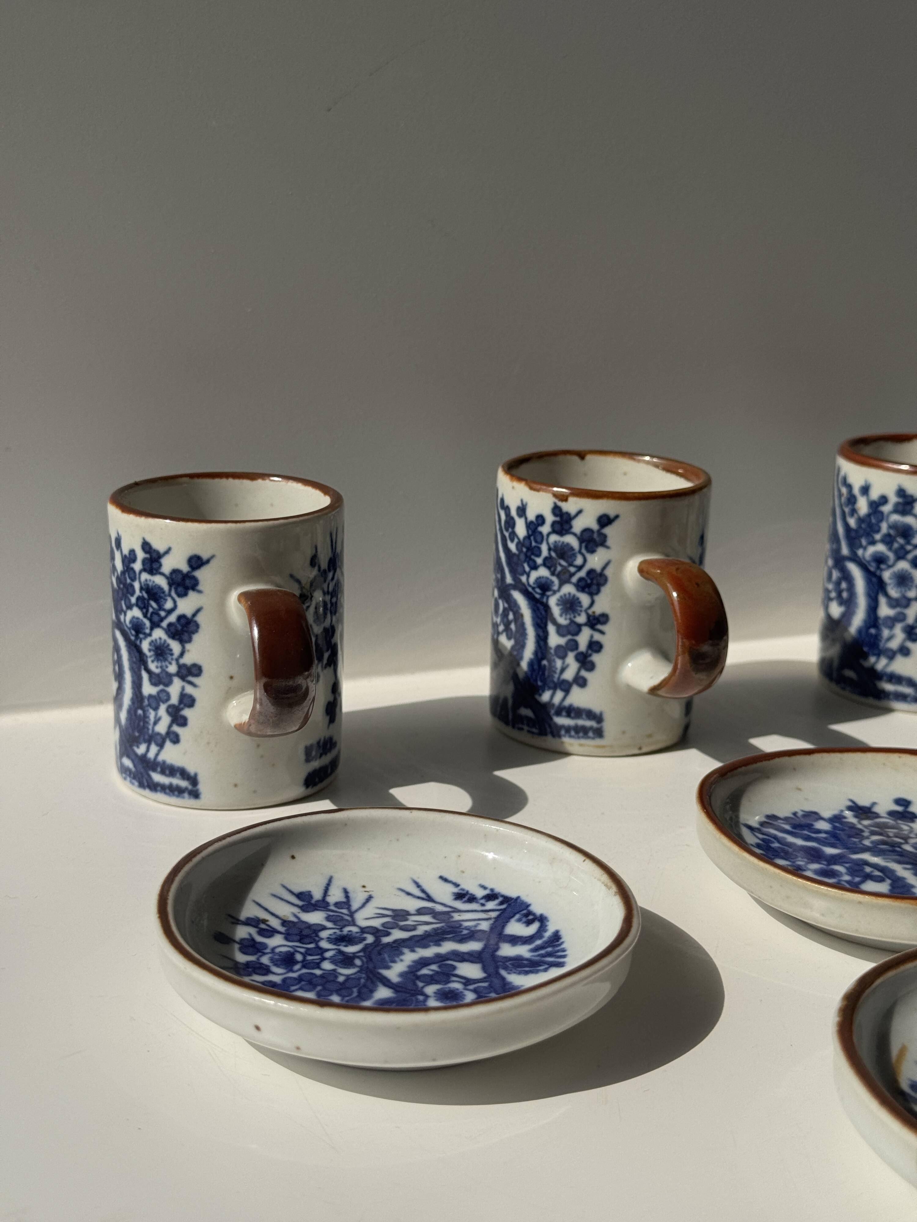 Set of 4 small cups and saucers with Asian blue landscape decor