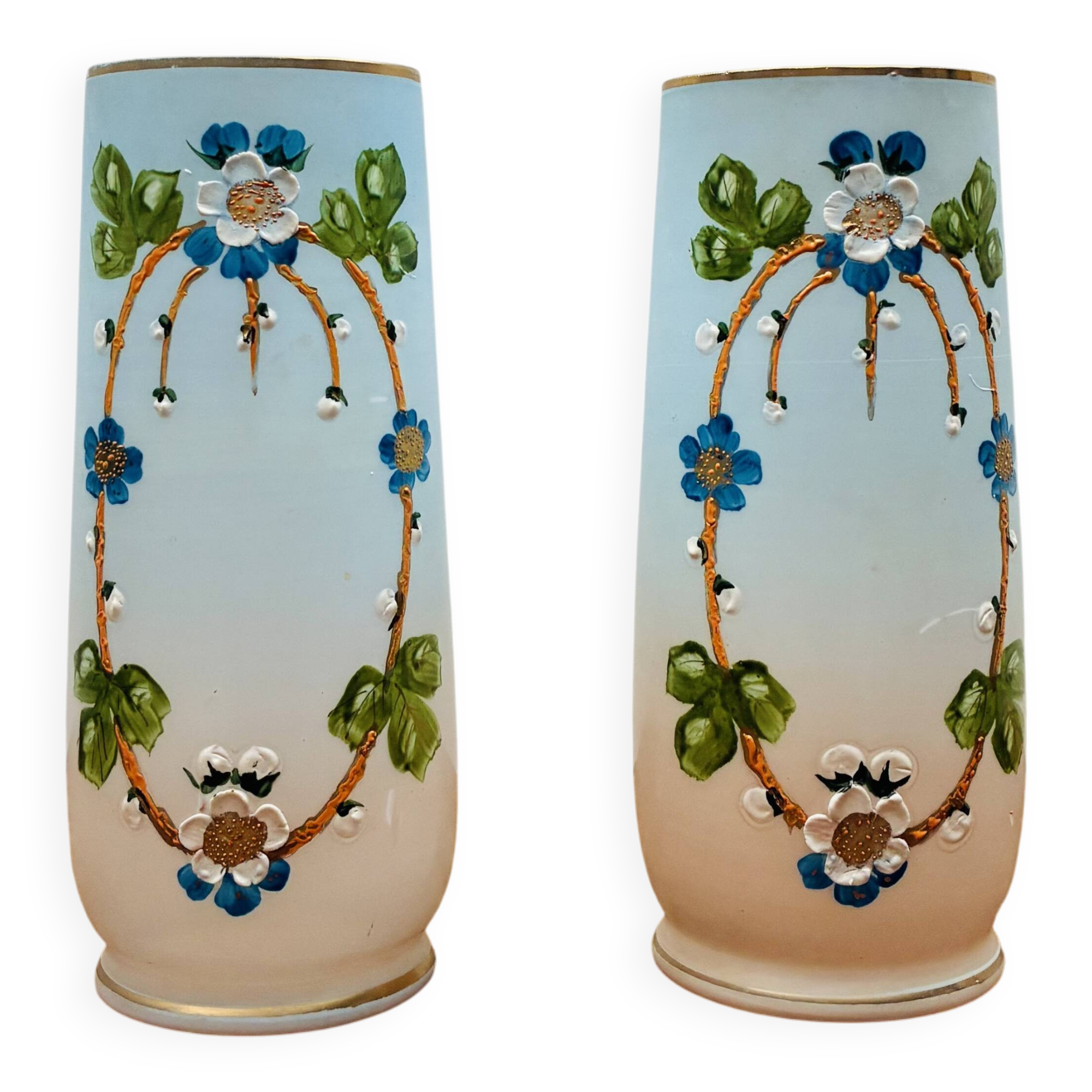 Rare pair of antique hand-painted opaline glass vases – Napoleon 3