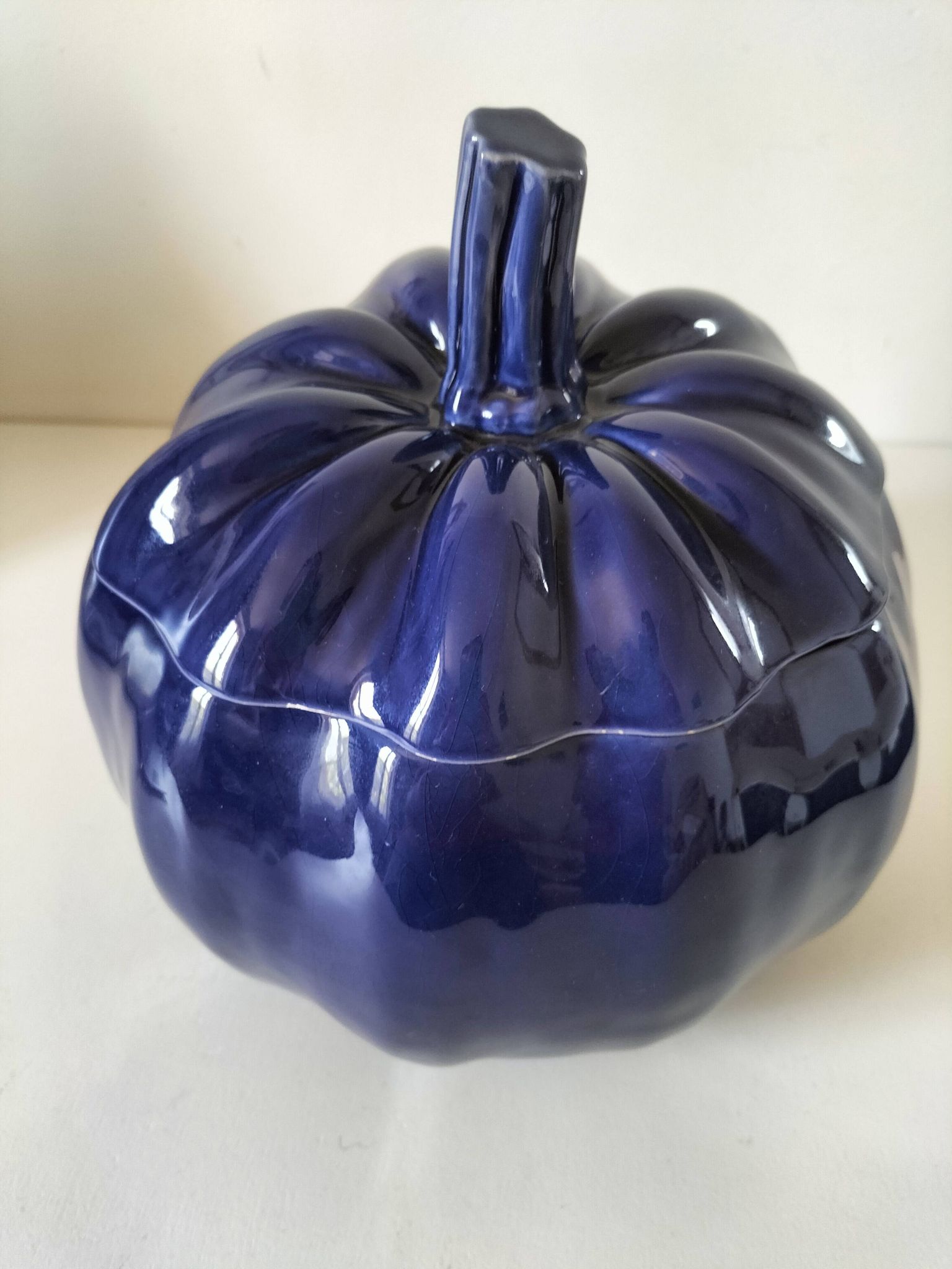Large vintage soup tureen in glazed ultramarine ceramic