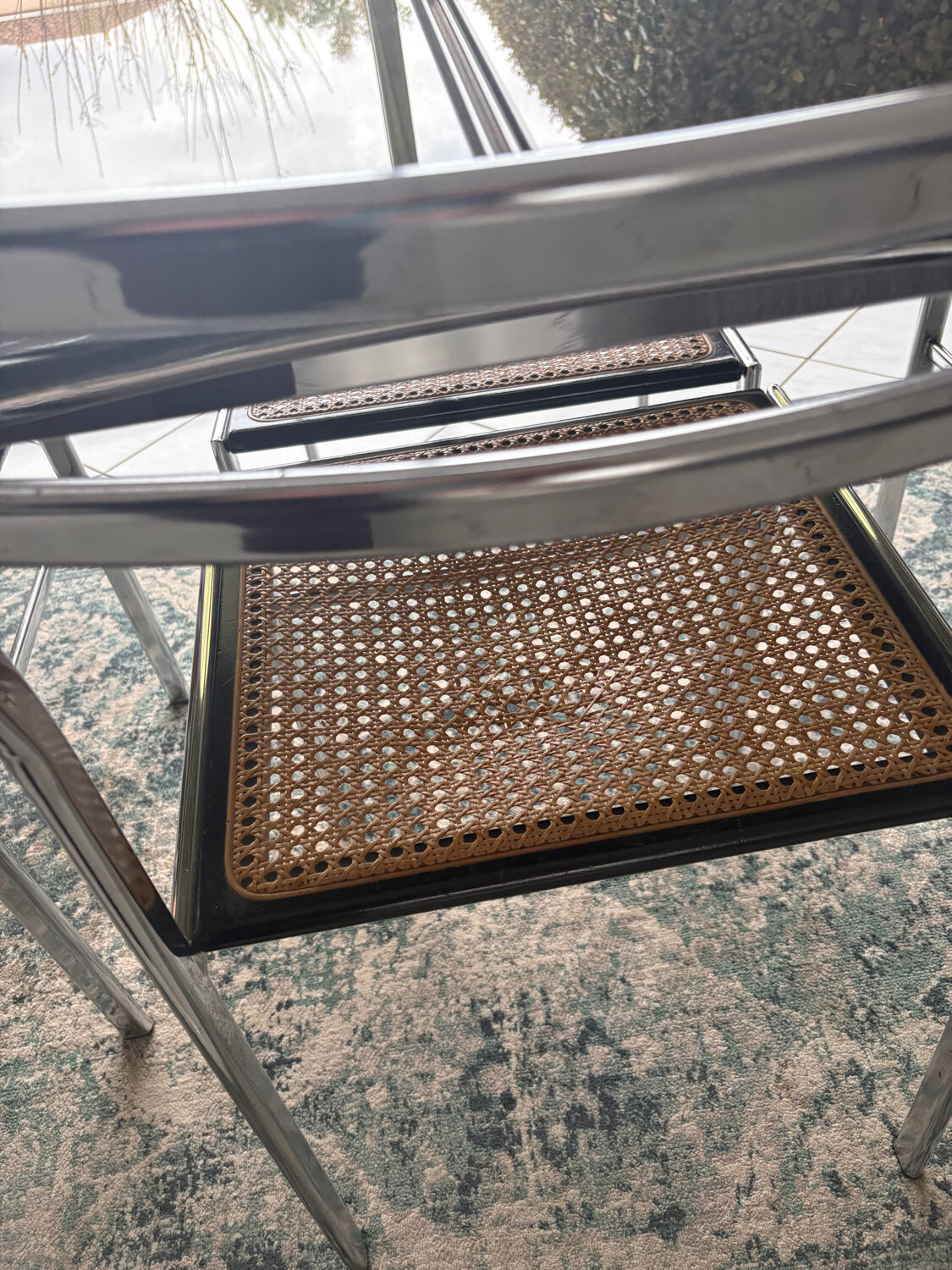 Vintage dining set – smoked glass & chrome – 5 chairs – year