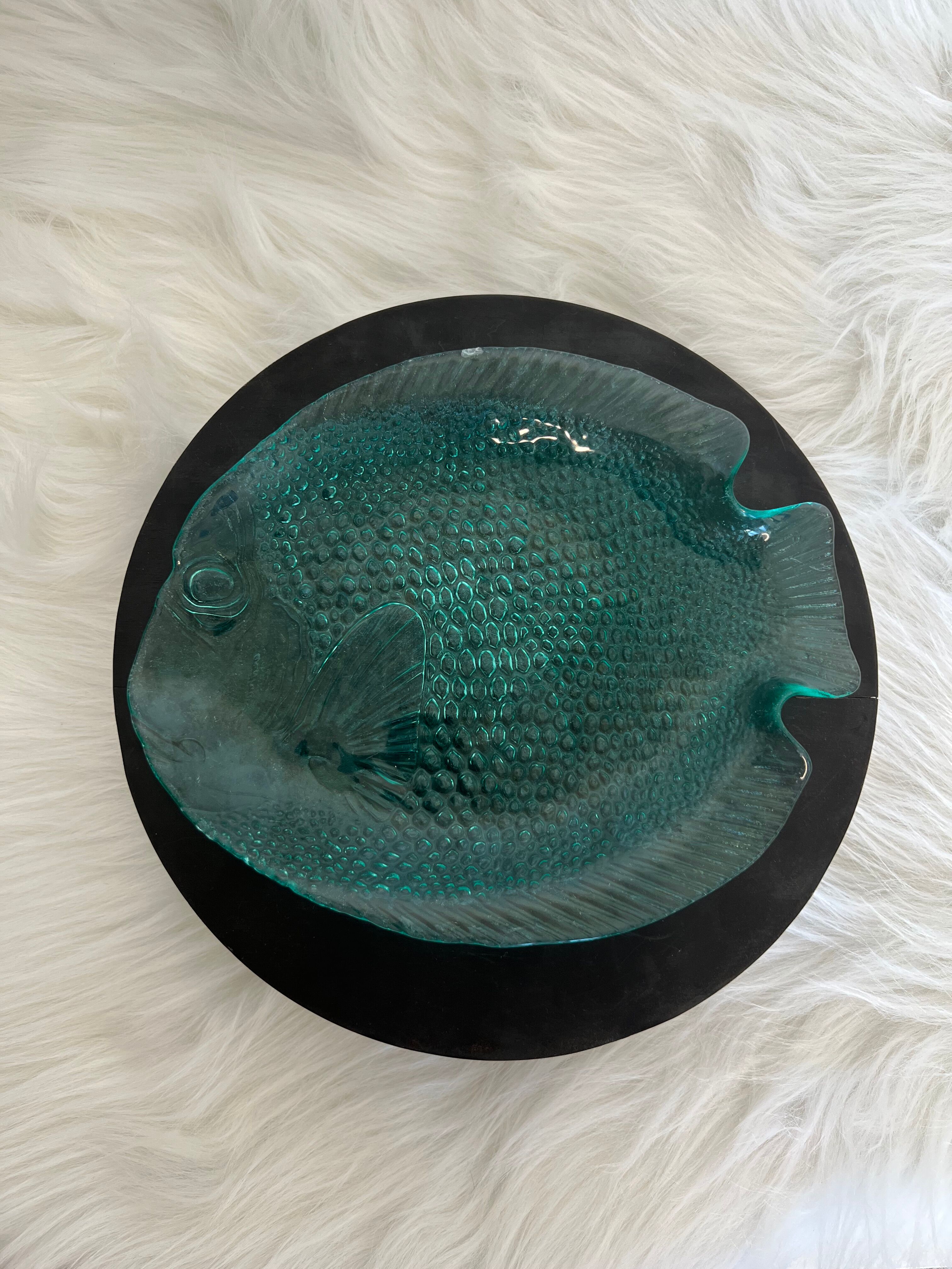 Vintage plate shaped of Arcoroc fish France turquoise