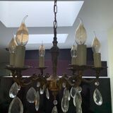 Lustre ancien 6 branches en bronze avec pampilles en cristal