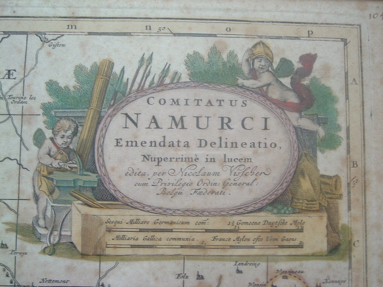 Old map xvii province of namur belgium by visscher, comitatus namurci, atlas minor, frame