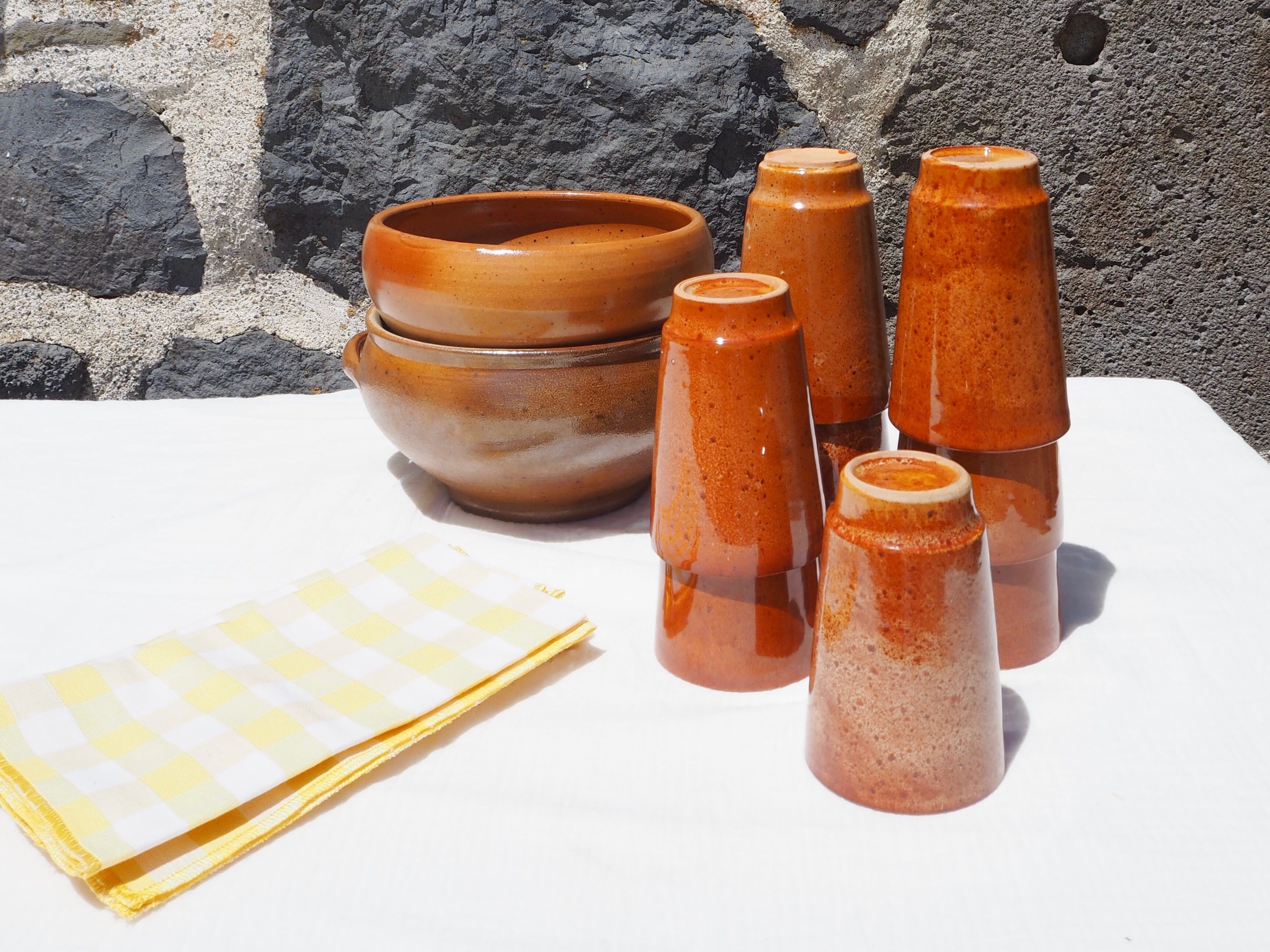 Set of 9 cups glazed stoneware cups
