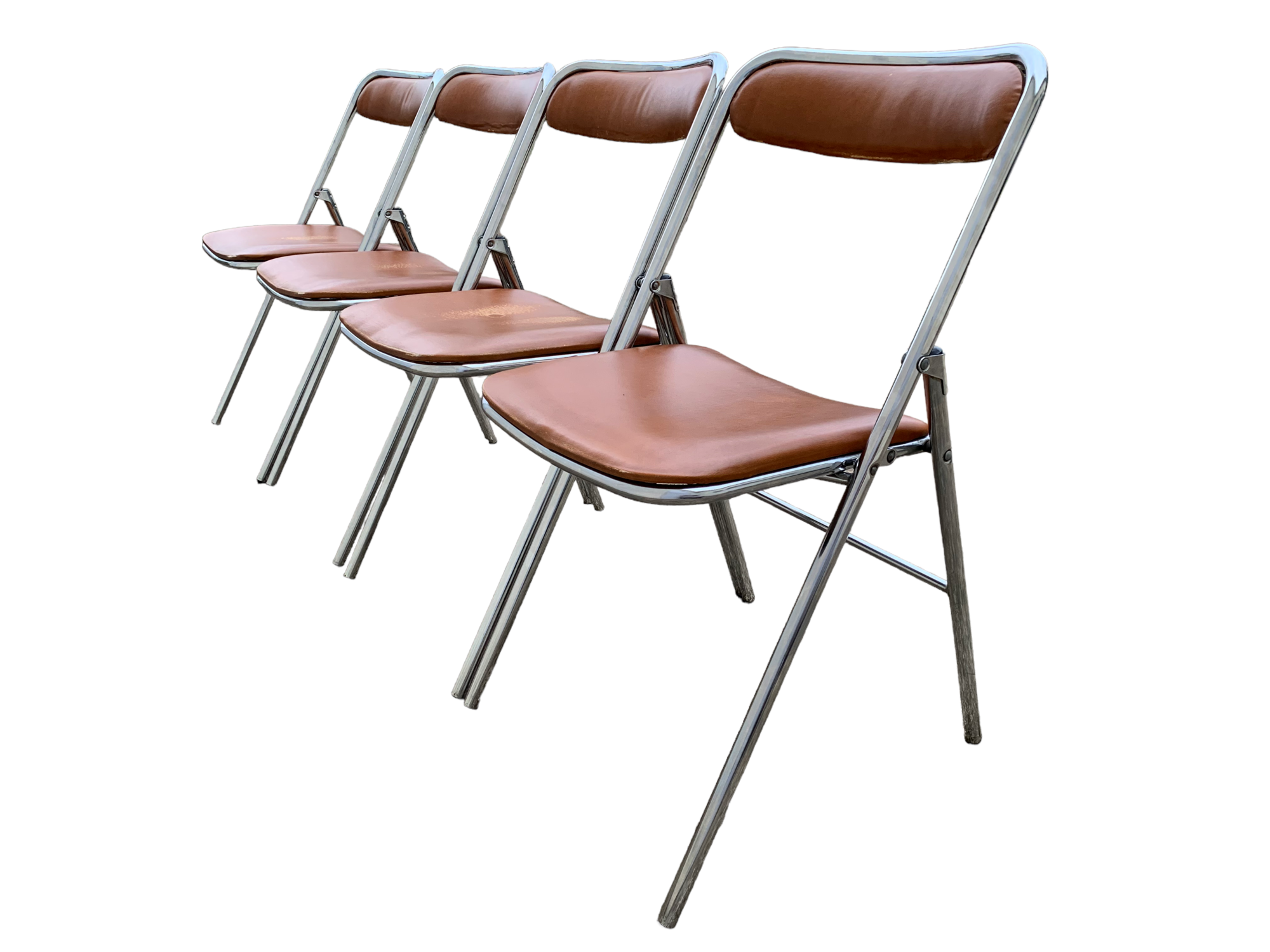 4 folding chairs chromed metal and Skaï fawn 1970