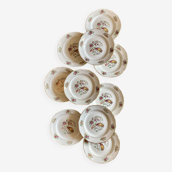Lot de 10 assiettes vintage semi creuses en porcelaine - décors d'oiseau