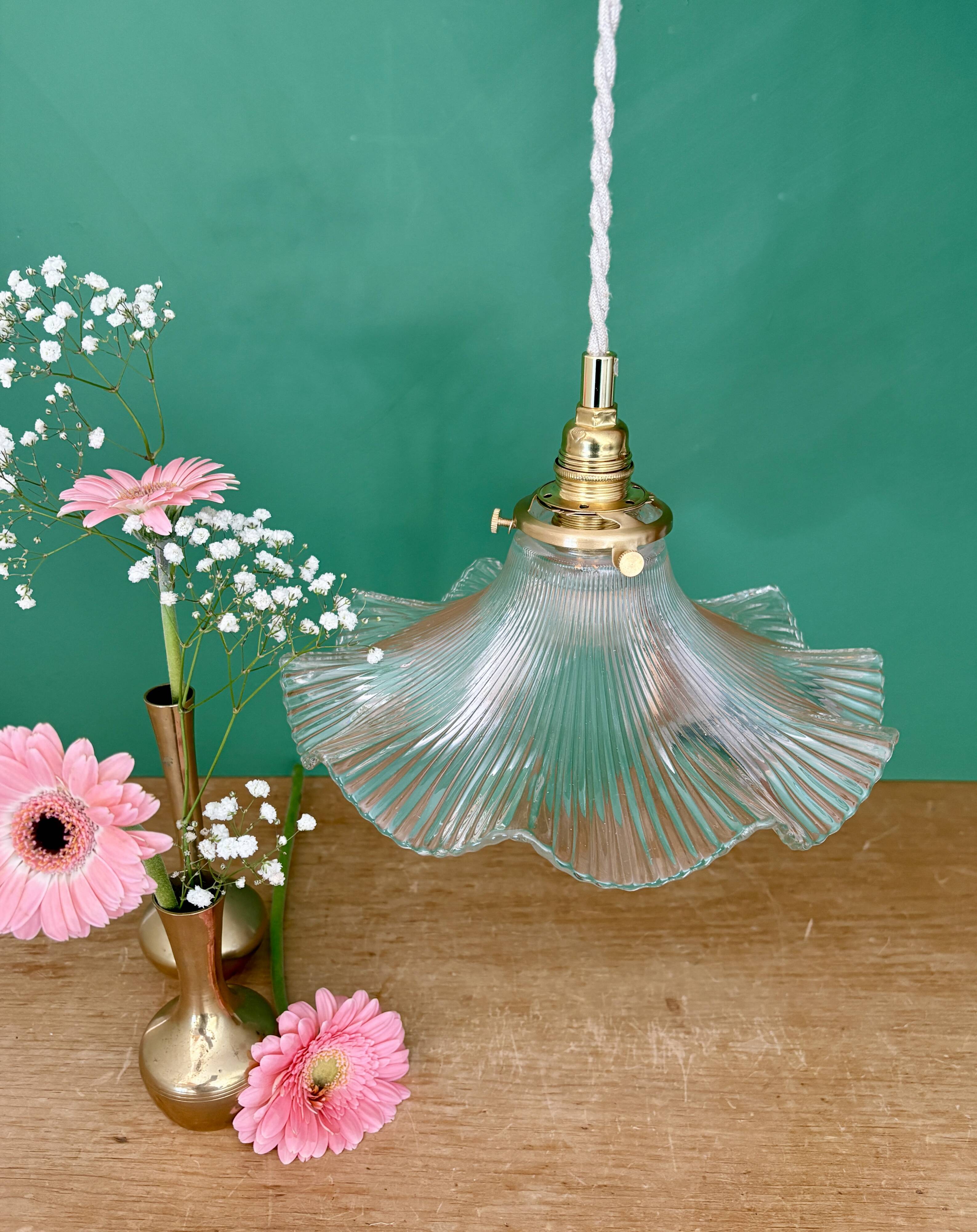 Suspension abat-jour vintage en verre holophane