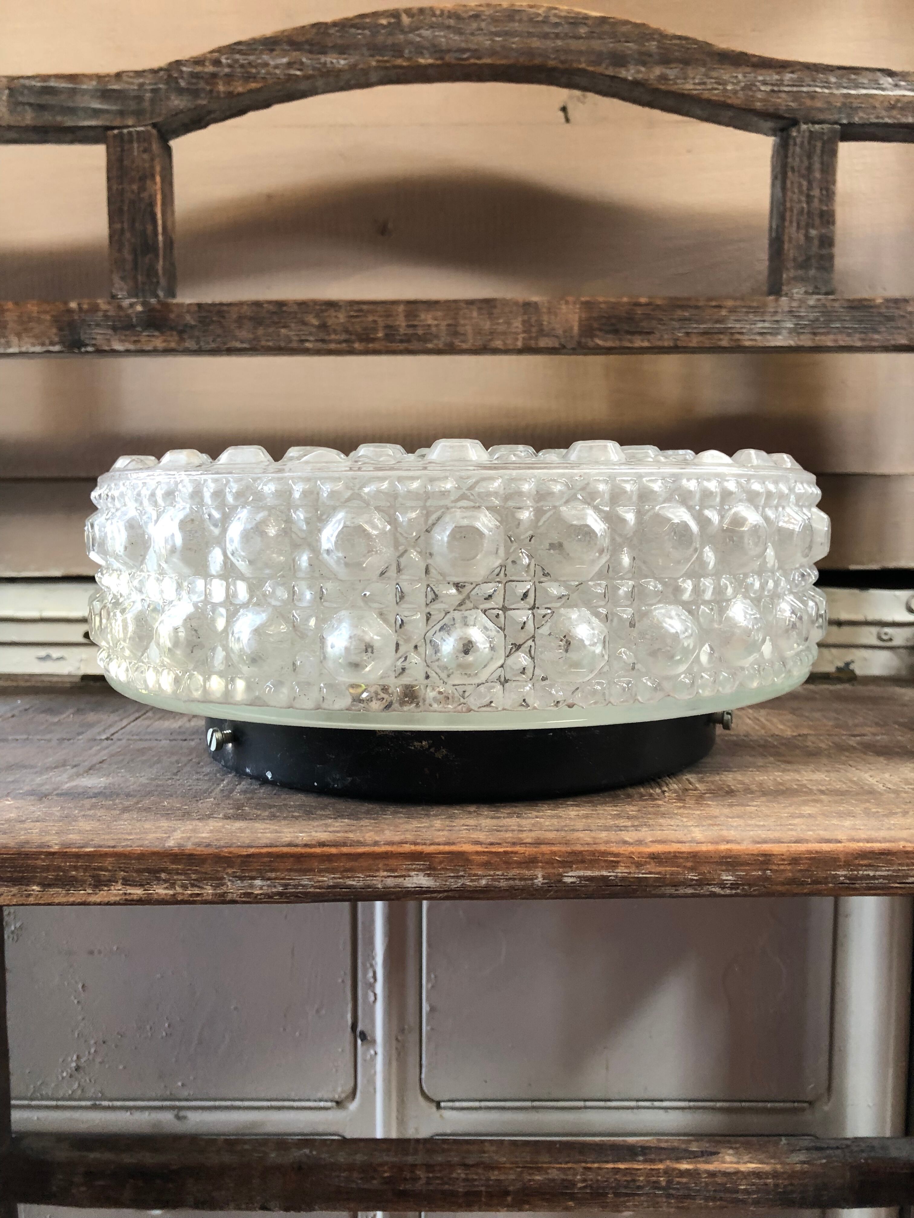 Old Wall Lamp Molded Glass + Support Metal Black Vintage