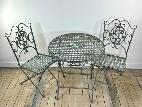 Salon de Jardin en fer forgé pliable vert patiné 1 table + 2 Chaises