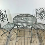 Salon de Jardin en fer forgé pliable vert patiné 1 table + 2 Chaises