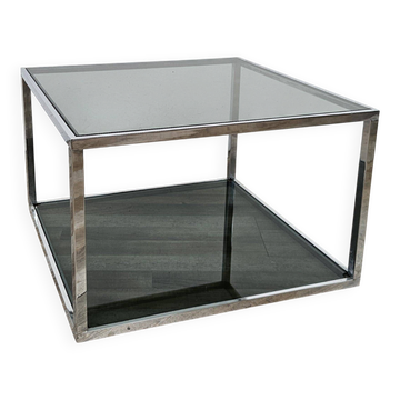 1970s side table in steel with two smoked glass shelves
