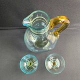 Glassware-crystallery of Portieux - 1 broc and 2 glasses - Napoleon III - Colored blown glass - G