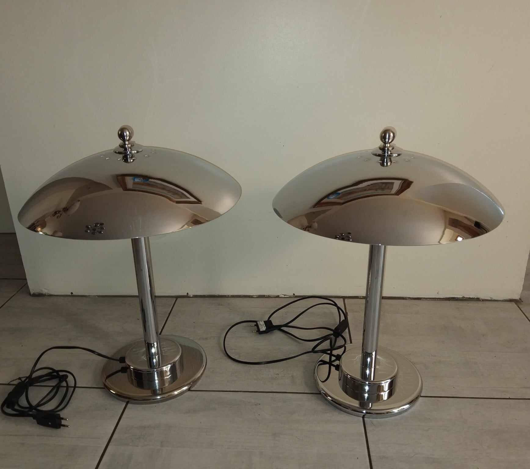 Pair of chrome mushroom lamps