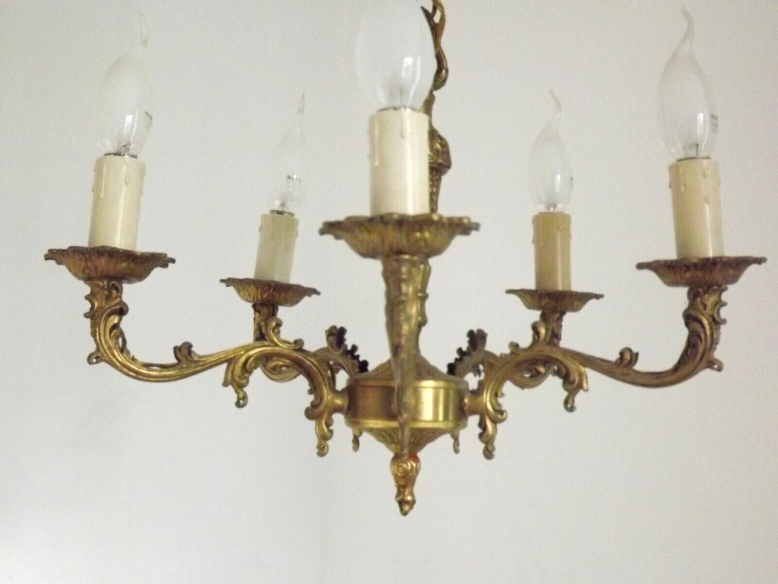 Vintage french bronze ornate detail 5 light chandelier