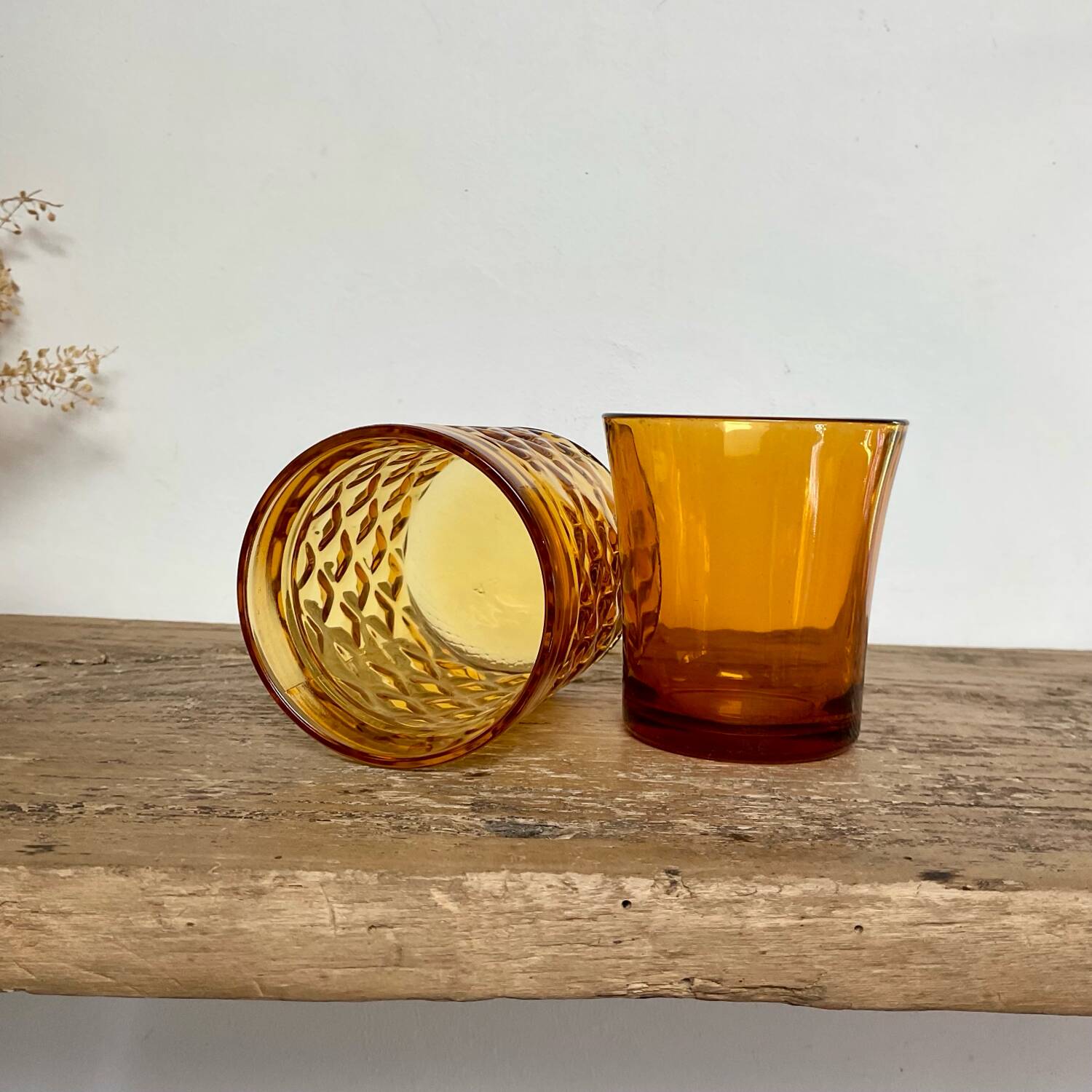 6 mismatched vintage amber glasses