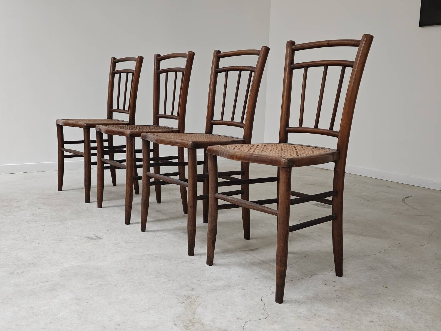 Set of 4 old Thonet style cane bistro chairs from the 1930s