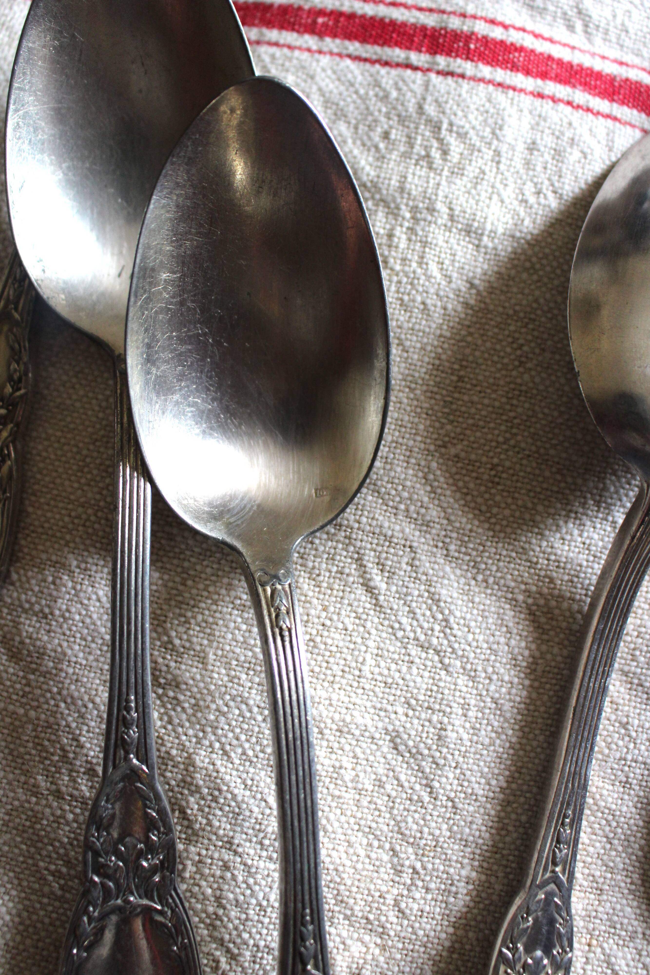A set of 6 silver-plated metal soup spoons with foliage design.