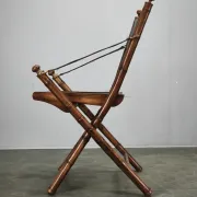 1970s French Folding Safari Chair in Teak, Black Leather and Brass