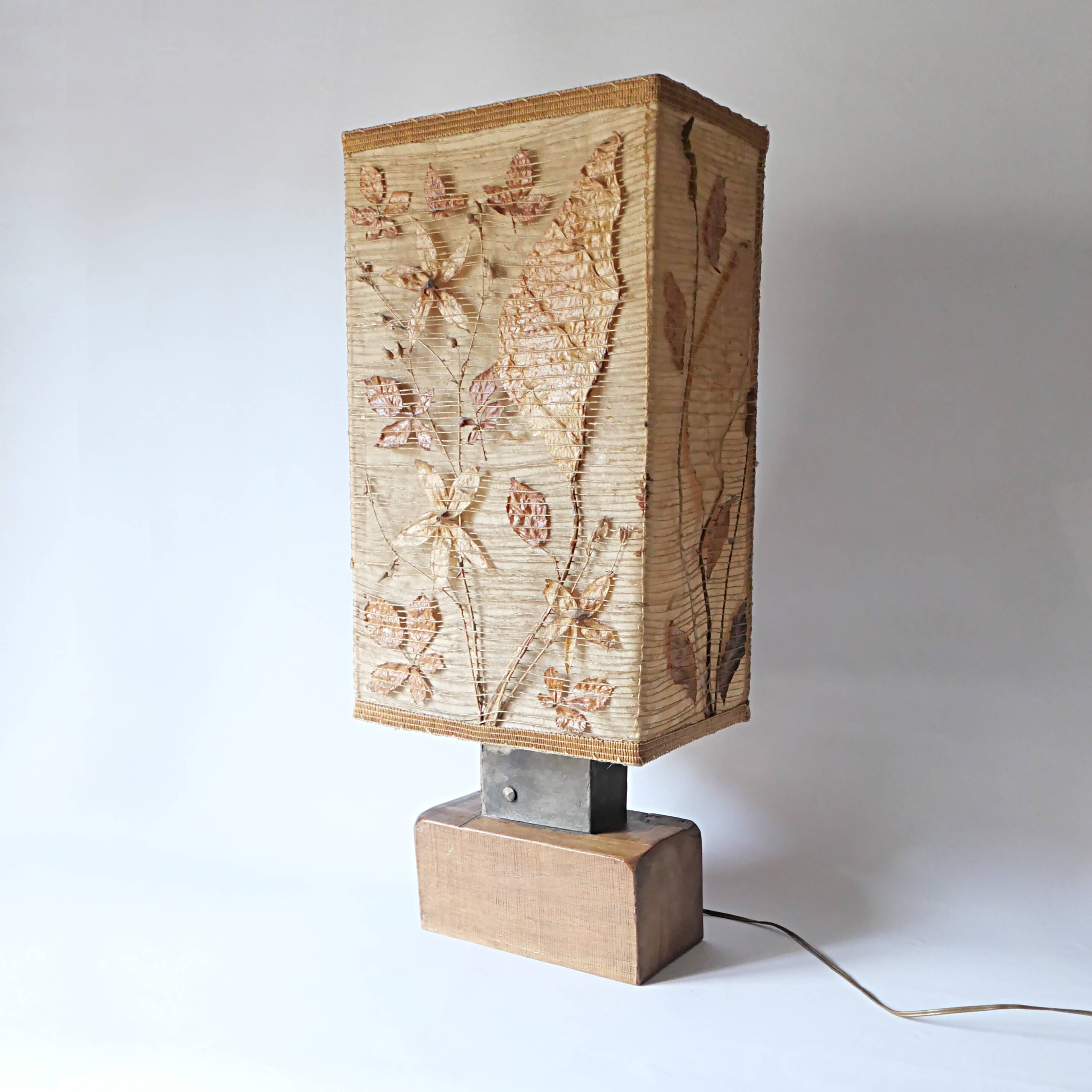 Large vintage lamp from the 70s, 1970 design, wood, metal, fabric.