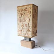 Large vintage lamp from the 70s, 1970 design, wood, metal, fabric.