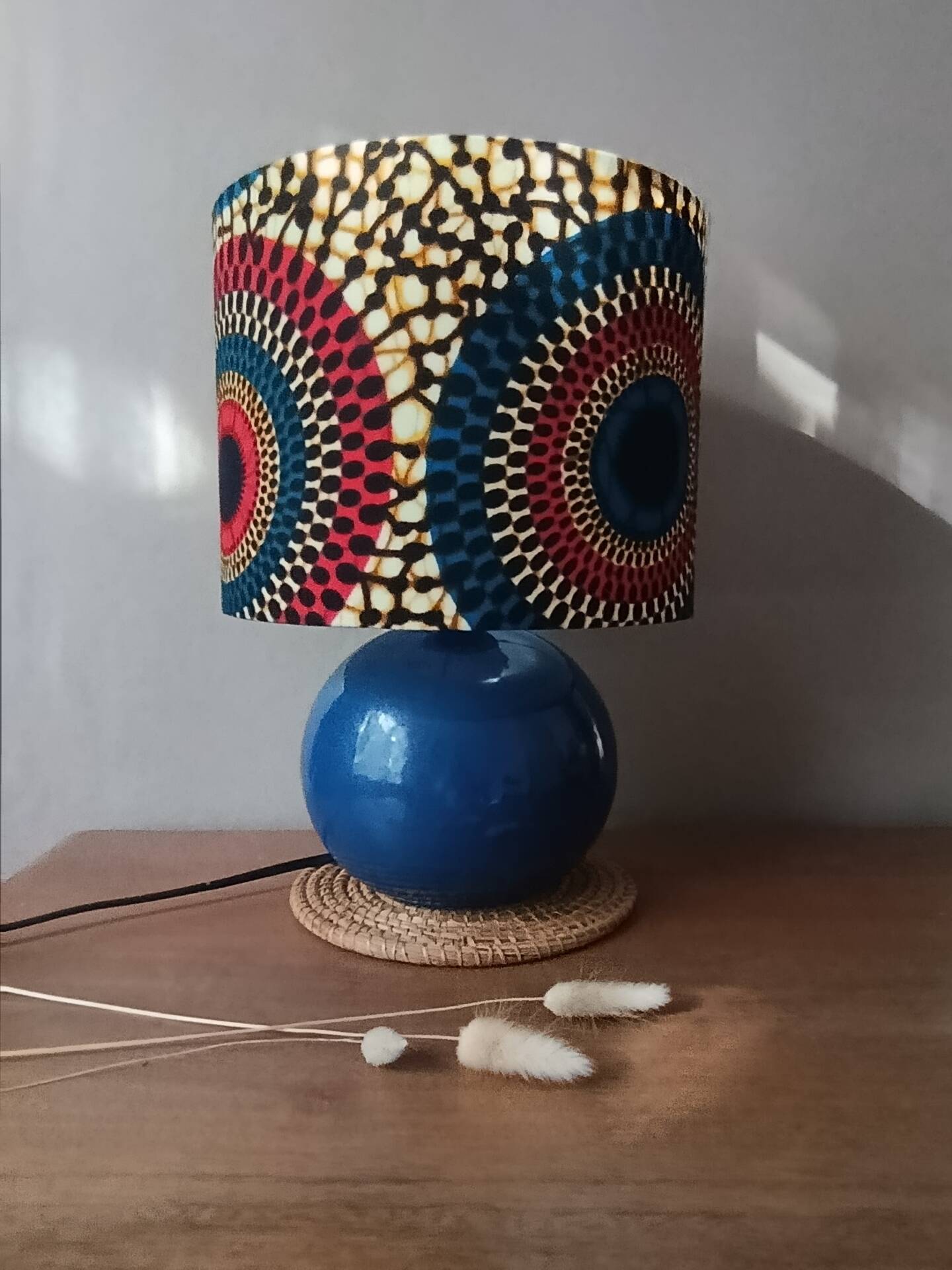 blue ceramic lamp | ethnic printed wax lampshade