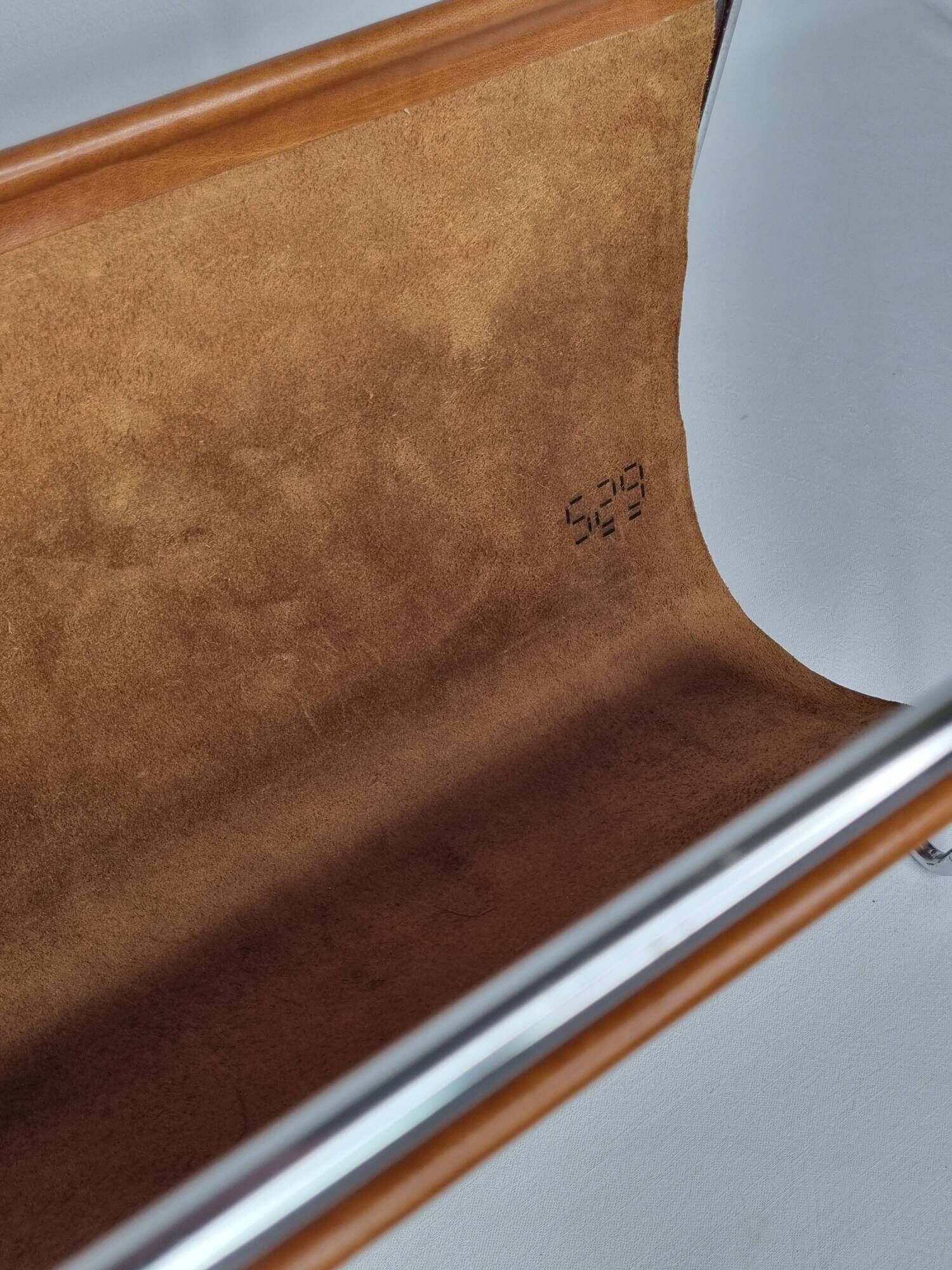 Vintage leather and chrome metal magazine rack, modernist design, 70s