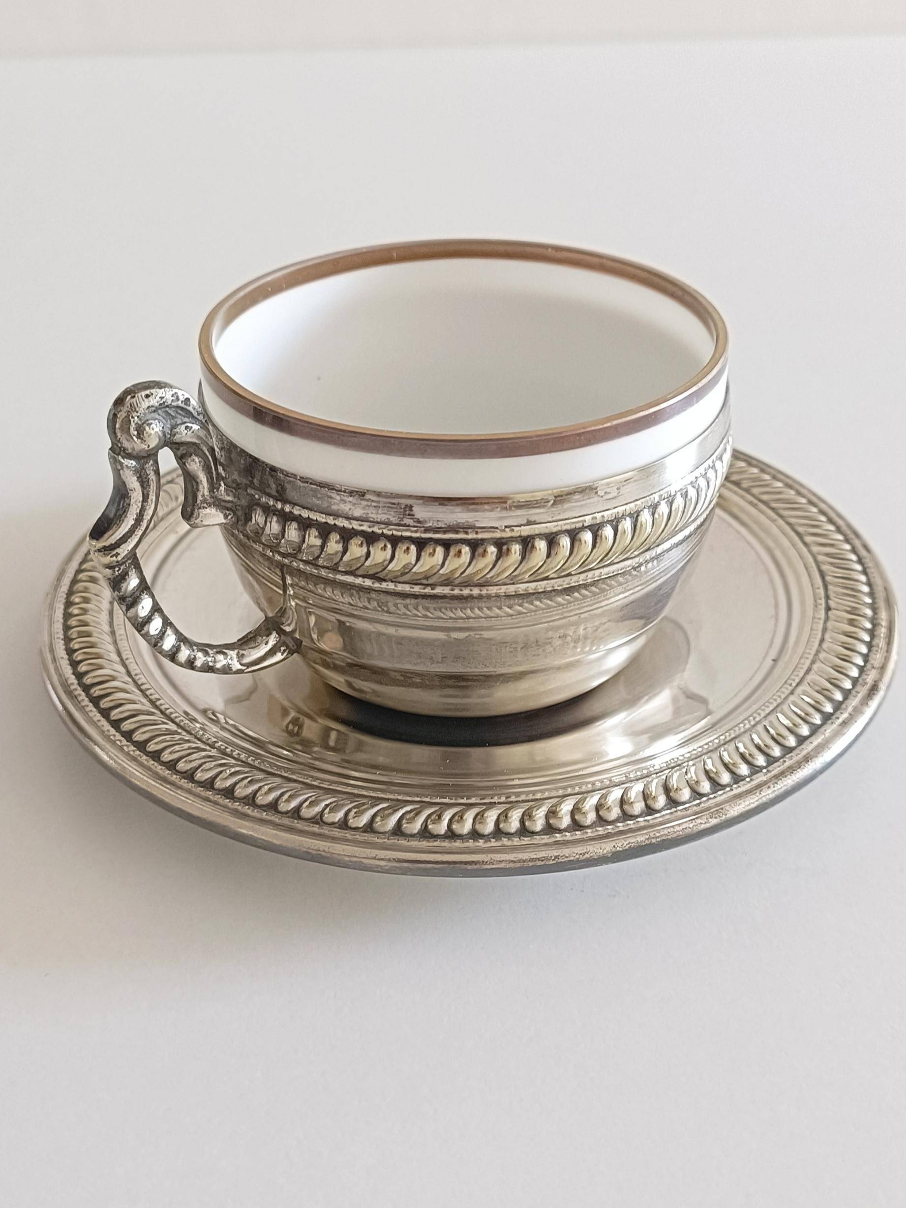 Victorian Alpaca Silver Tea or Coffee Pair of Cups and Plates, England 19th C.