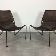 Pair of rattan and steel wire armchairs by frederick weinberg