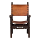 Frailero armchair, antique Spanish — carved wood & full-grain leather throne.