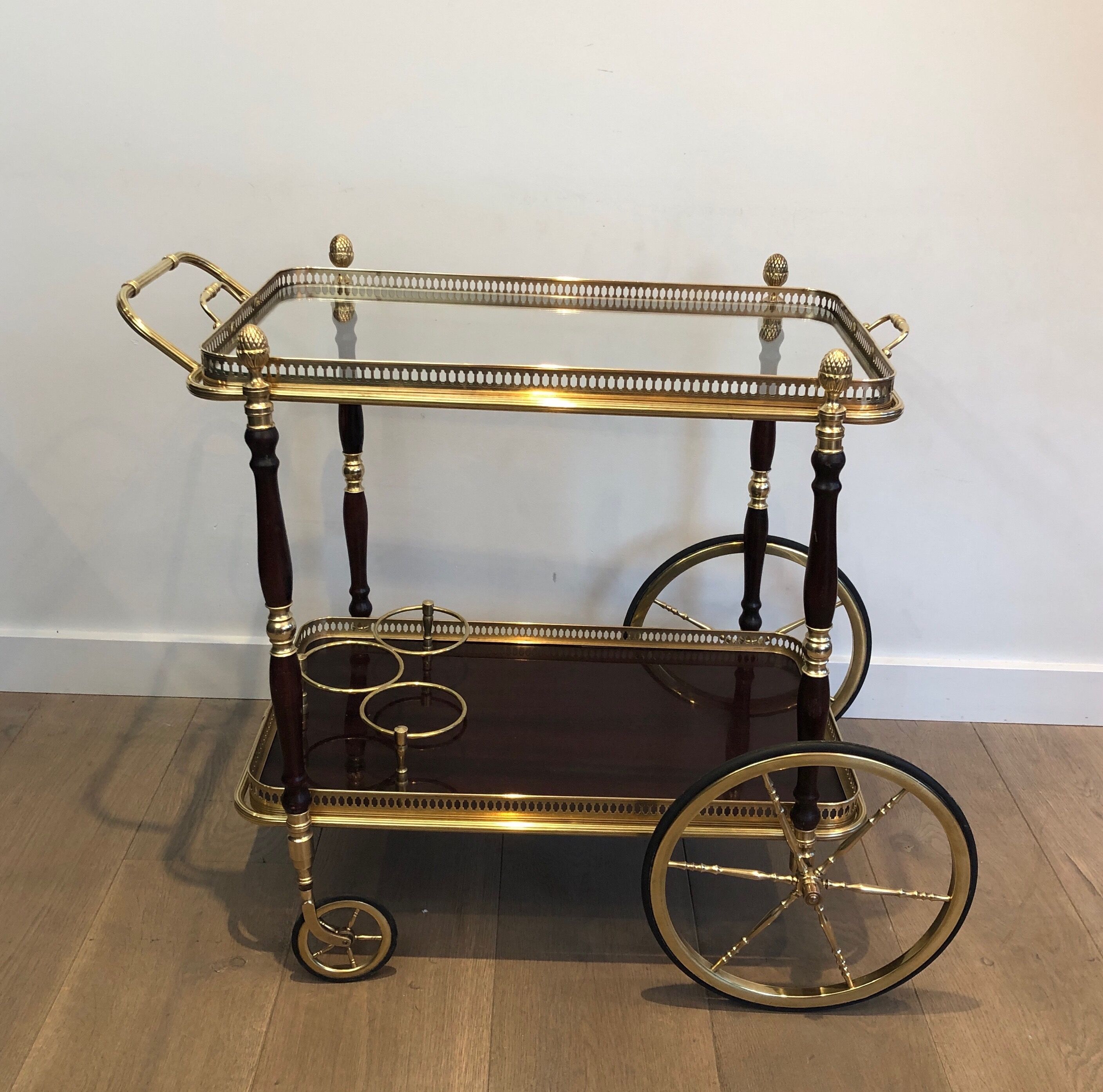 Rolling table in brass and mahogany with removable trays