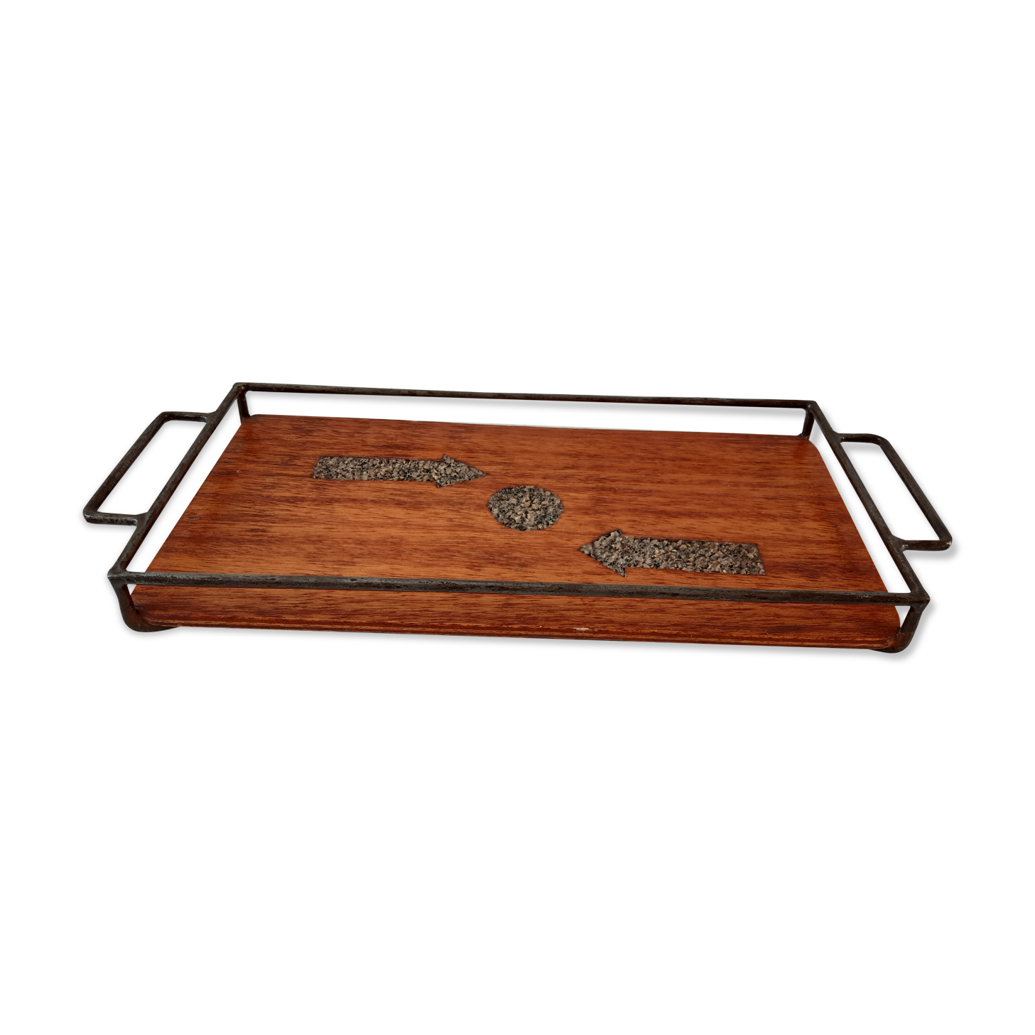 Plateau en bois fer forgé et pierres années 60