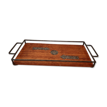 Plateau en bois fer forgé et pierres années 60
