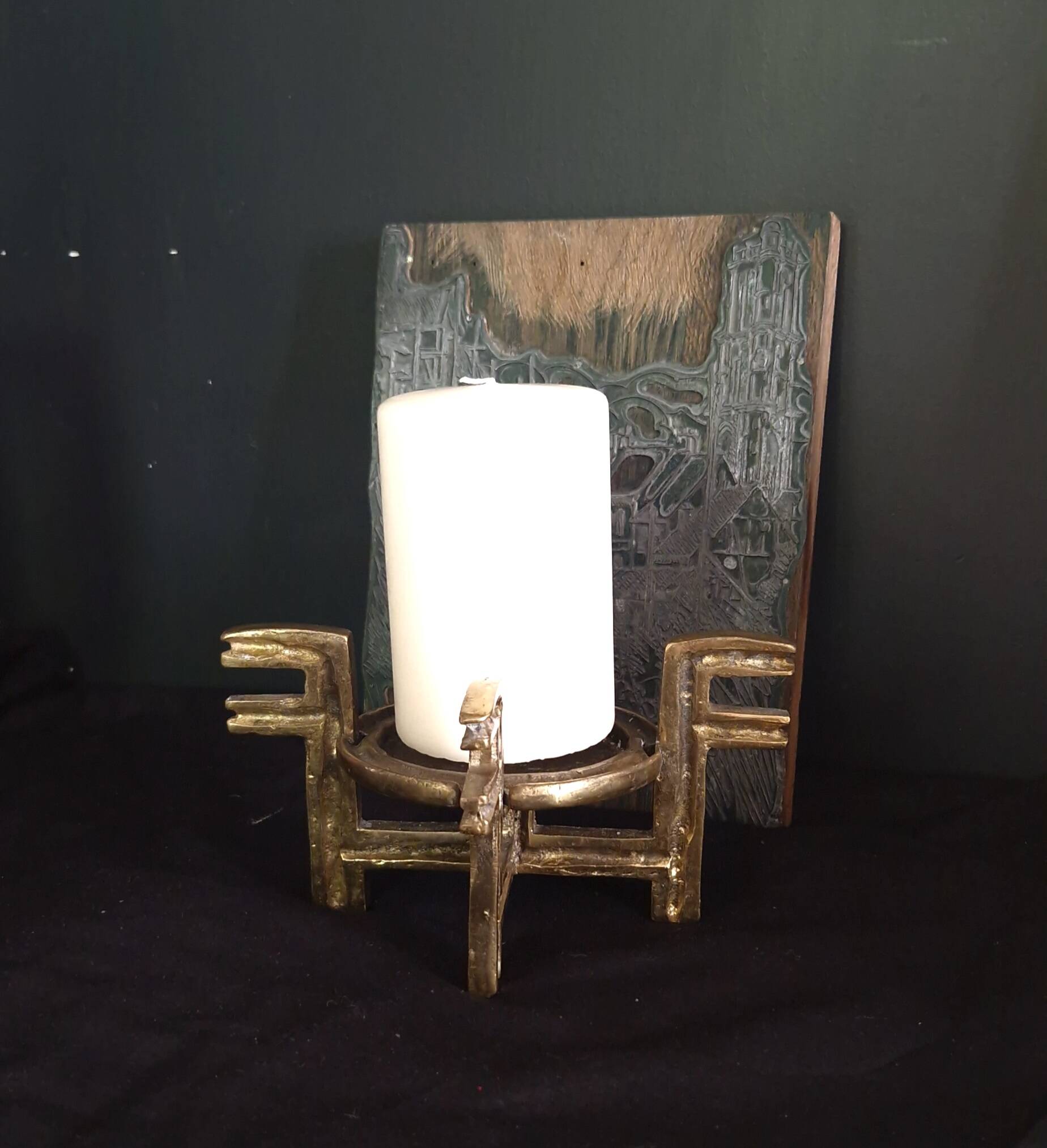 Brutalist candle holder '60-70, patinated gold
