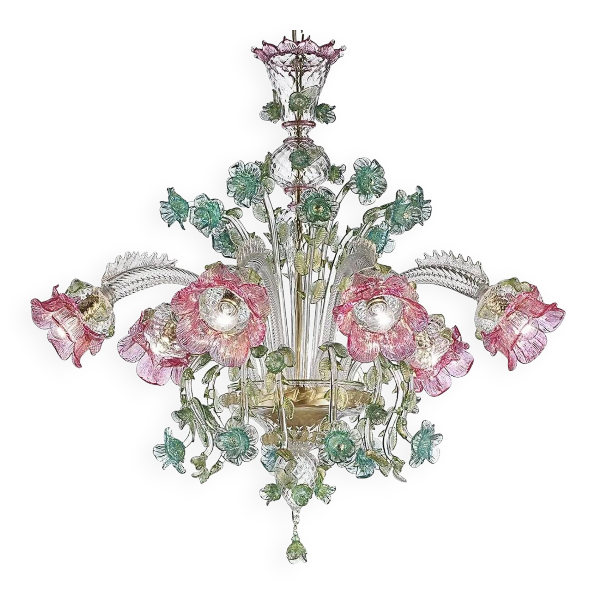 Ornate Venetian Pink and Green Floreal Murano Glass Chandelier