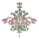 Ornate Venetian Pink and Green Floreal Murano Glass Chandelier
