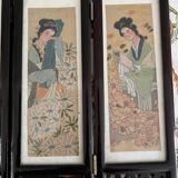 Paravent de table chinois en papier de soie peint, bois et verre