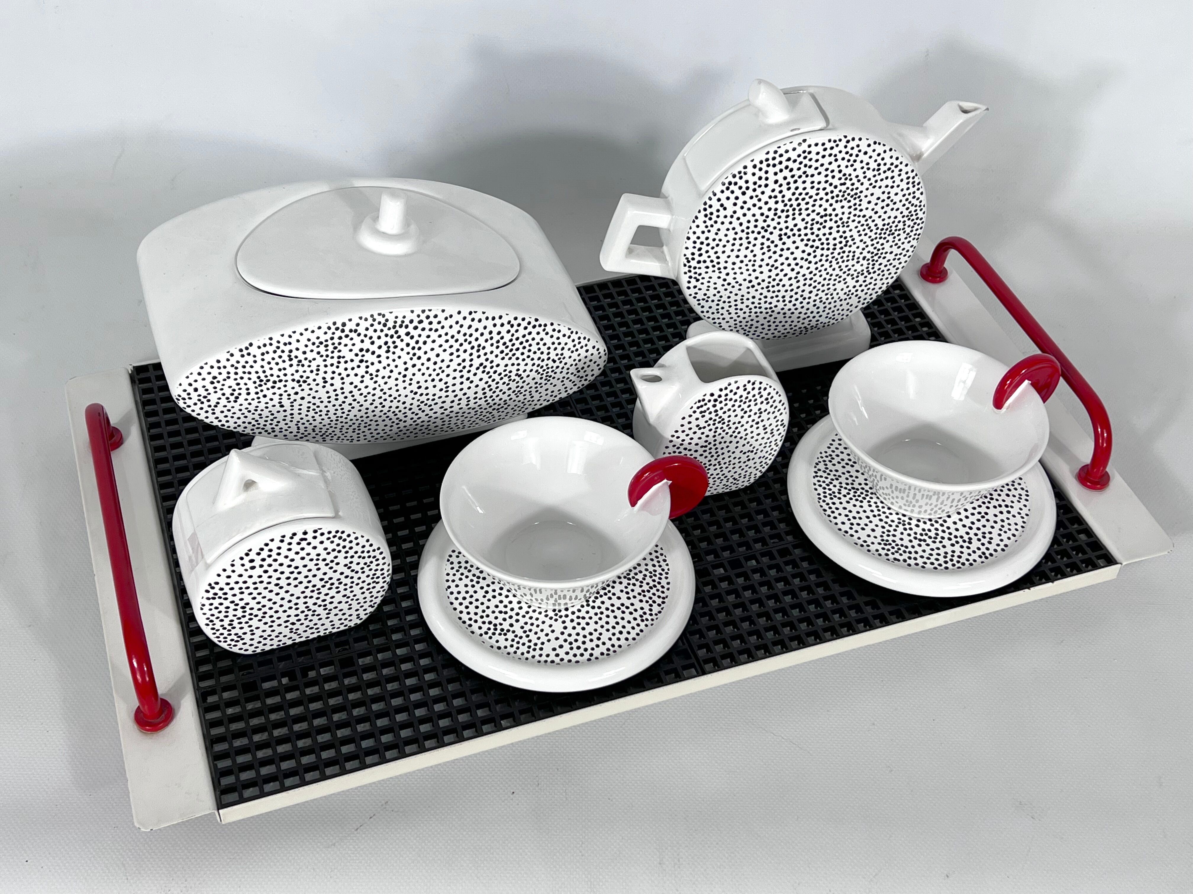 Ceramic tea set by Mas in the Memphis Milano style, 1980s, Set of 7