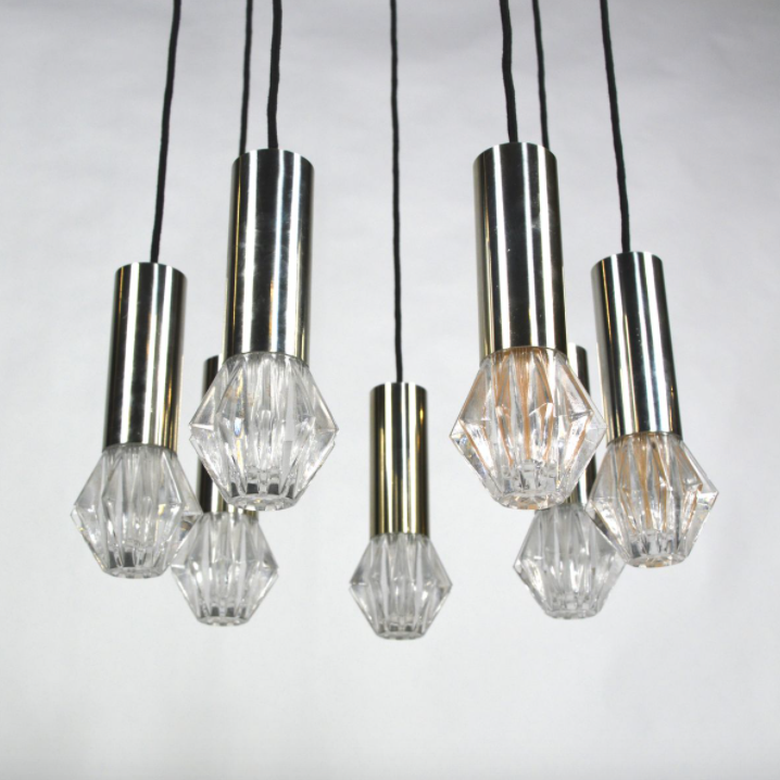 Vintage suspension lamp in chrome metal and glass 1970