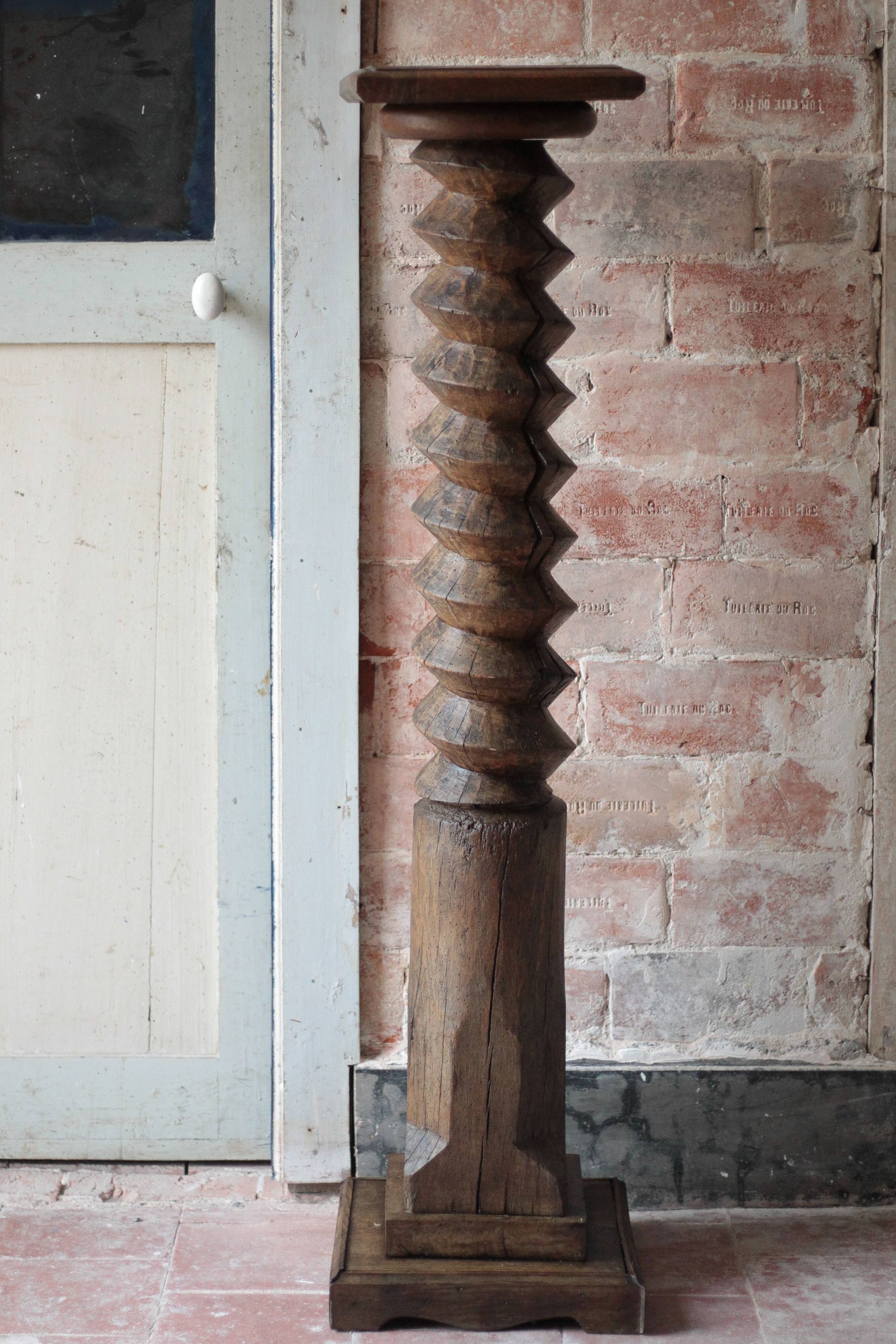 Vintage turned wooden press screw column