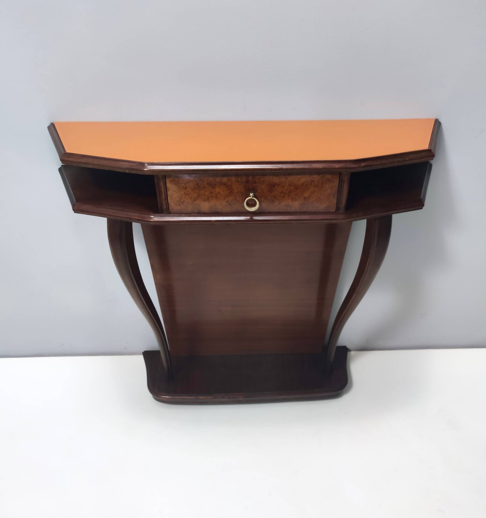 Beech and Walnut Root Console Table with an Orange Glass Top, Italy